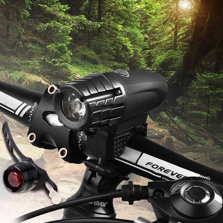 Zestaw: latarka na rower z USB + czerwona lampka stopu