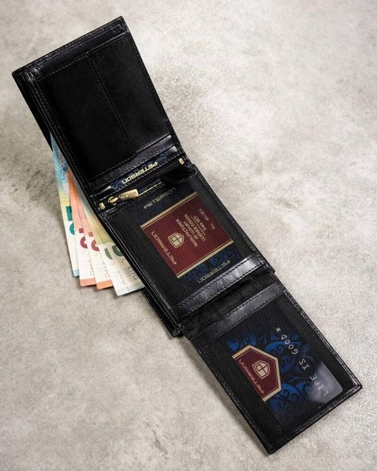 Zestaw: Portfel, Etui na karty, Brelok, czarny, skórzany, RFID, Peterson