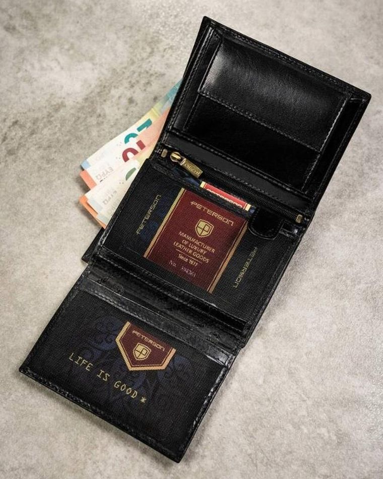 Zestaw: Portfel, Etui na karty, Brelok, czarny, skórzany, RFID, Peterson