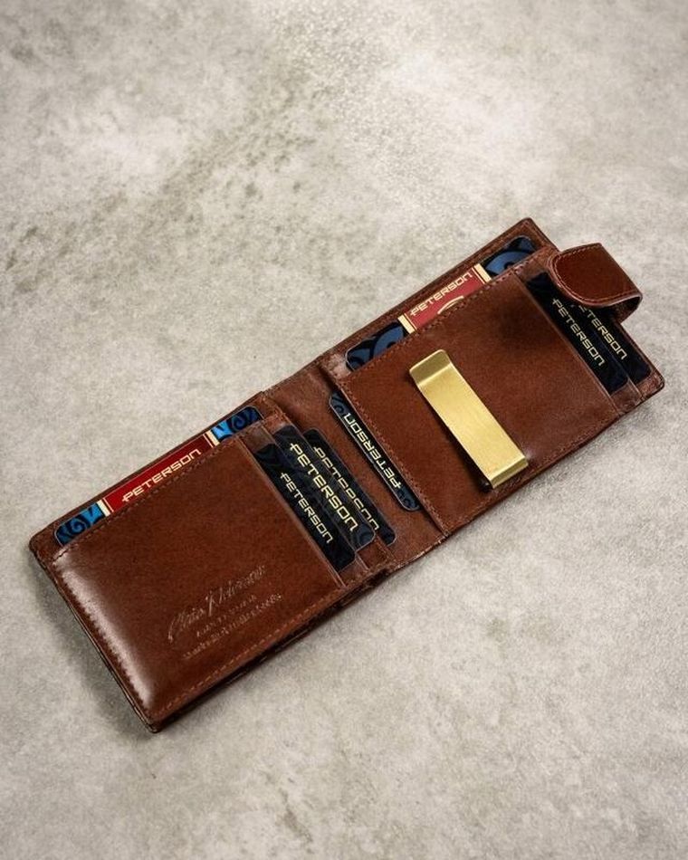 Zestaw: Portfel, Etui na karty, Brelok, RFID, brązowy, skórzany, Peterson