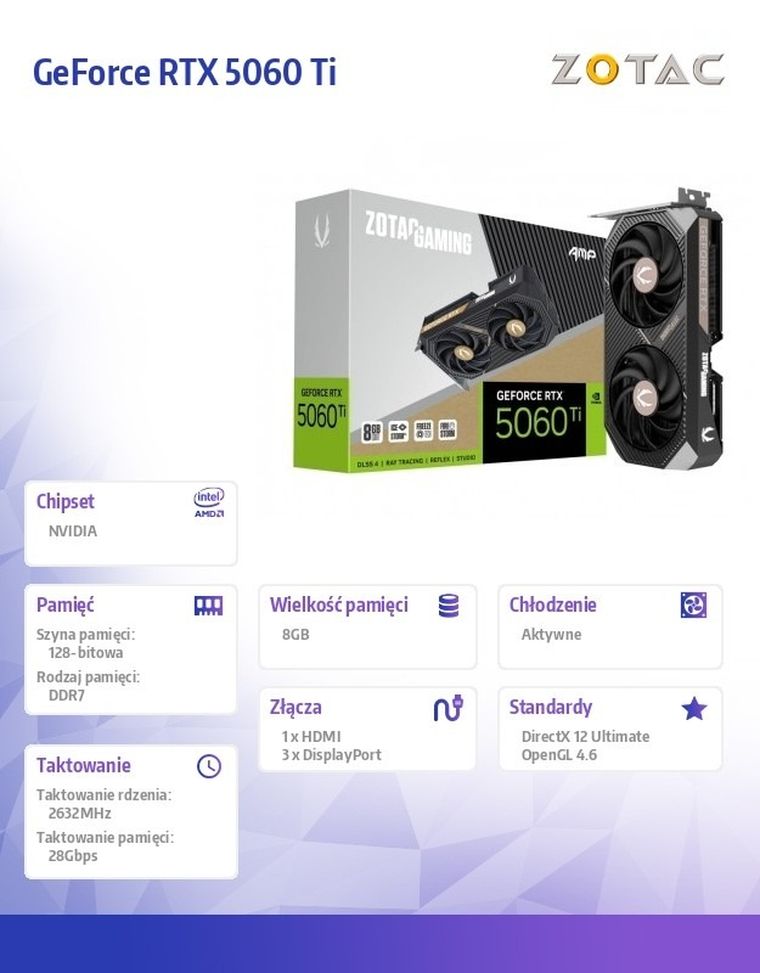 Zotac, karta graficzna, GeForce RTX 5060 Ti 8GB AMP GDDR7 128bit 3DP/HDMI