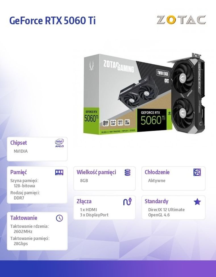 Zotac, karta graficzna, Geforce RTX 5060 Ti 8GB TWIN EDGE OC GDDR7 128bit 3DP/HDMI