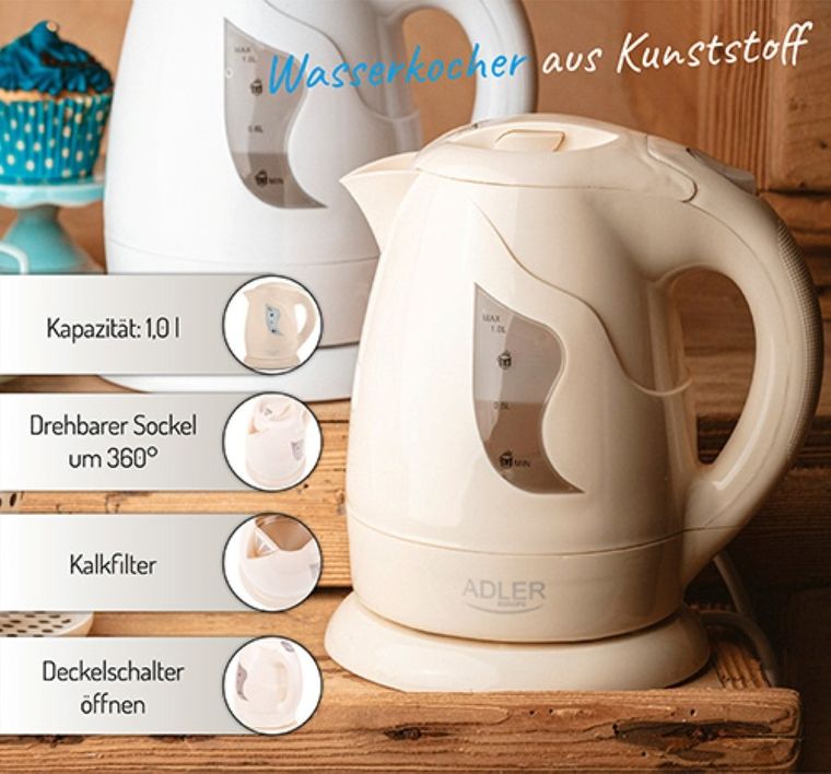 Adler, czajnik elektryczny, plastikowy, 1,0 l, 850W, AD 08
