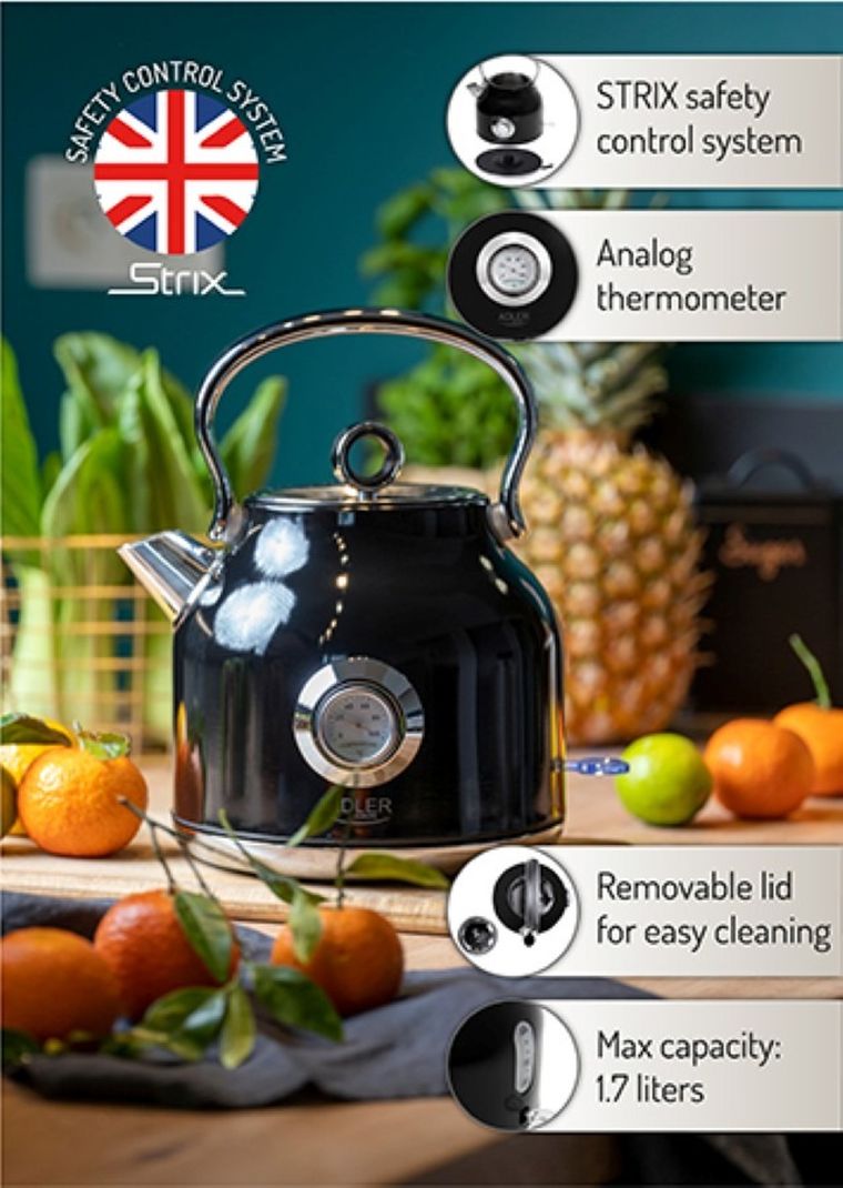 Adler, czajnik elektryczny z termometrem, czarny, 1,7l