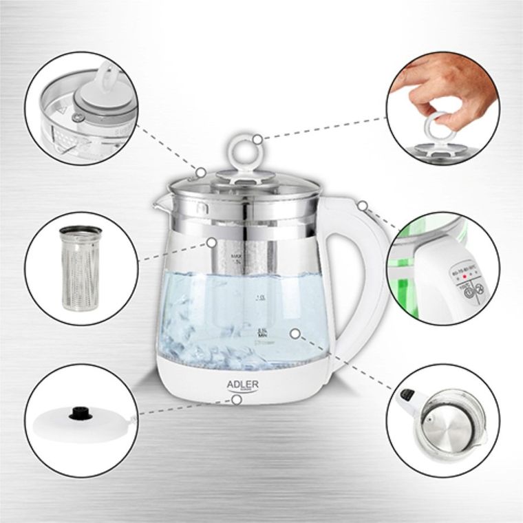 Adler, czajnik szklany, zaparzacz, regulacja temperatury, 1,5l, AD 1299