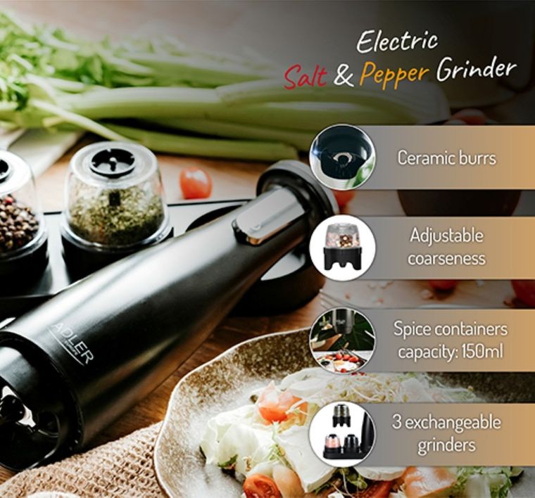 Adler, młynek elektryczny do przypraw, soli i pieprzu, 3w1, AD 4449B