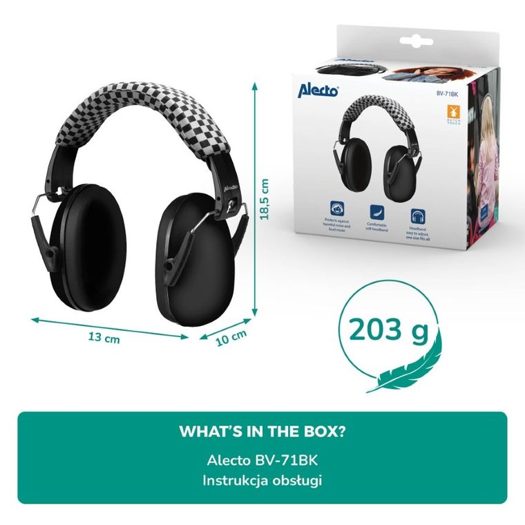 Alecto, BV-71, nauszniki wygłuszające dla dzieci, czarne