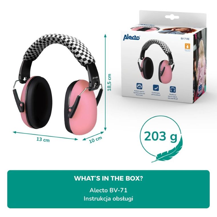 Alecto, BV-71, nauszniki wygłuszające dla dzieci, różowe