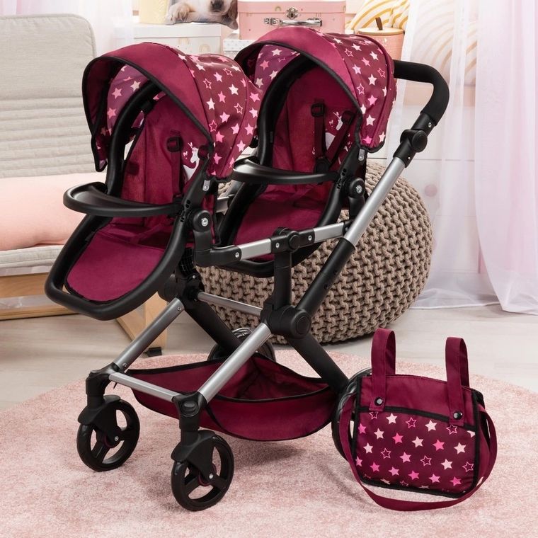 Bayer Design, Xeo Twin, bliźniaczy wózek dla lalek z torbą, bordo