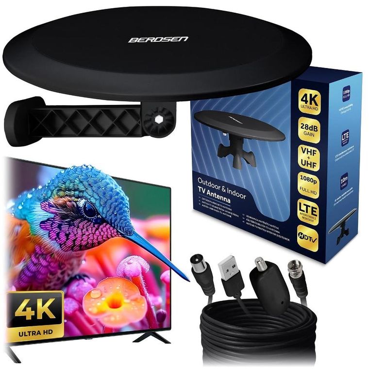 Berdsen, antena wewnętrzna zewnętrzna TV, ultra HD 4K, czarna, BD-955