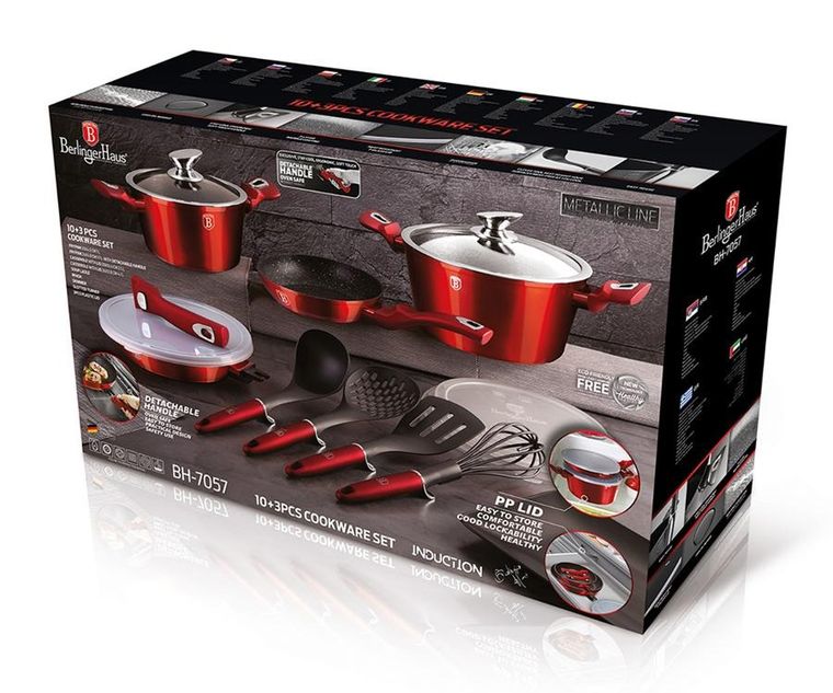 Berlinger Haus, Burgundy, zestaw: garnki granitowe z pokrywą + patelnie + akcesoria, 13 elementów