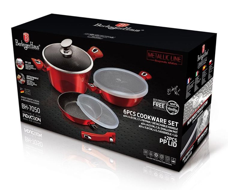 Berlinger Haus, Burgundy, zestaw: garnki granitowe z pokrywą + patelnie, 6 elementów