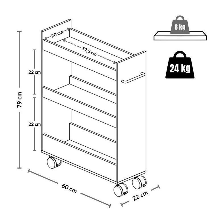 Boximo, Movo, wąski regał kuchenny na kółkach, trzy półki, 60-79-22 cm
