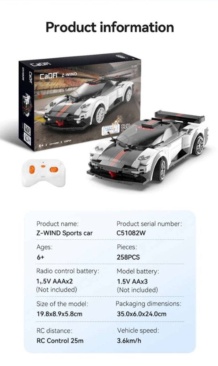 Cada, Z-Wind Sports Car, klocki konstrukcyjne, pojazd zdalnie sterowany, 258 elementów