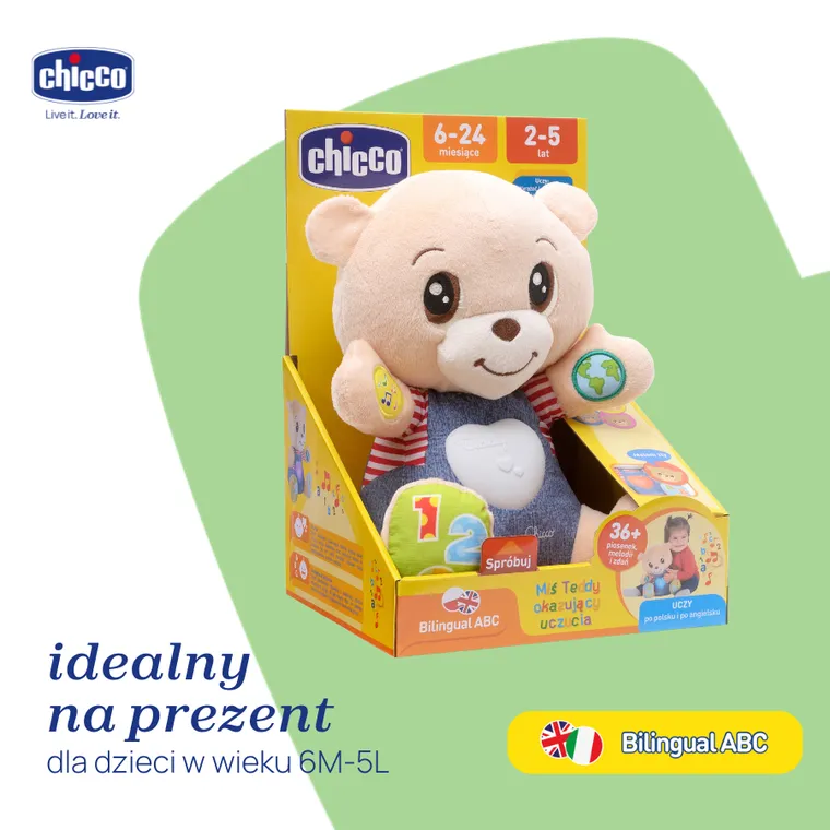 Chicco, Bilingual ABC, Teddy, Miś okazujący uczucia, zabawka edukacyjna, dwujęzyczna, 25 cm
