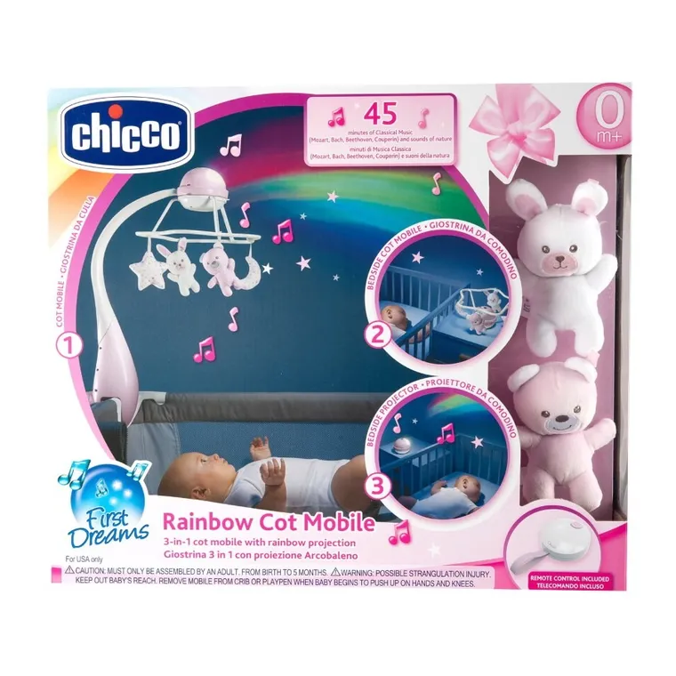 Chicco, First Dreams, karuzela do łóżeczka, 3w1, rainbow, różowa
