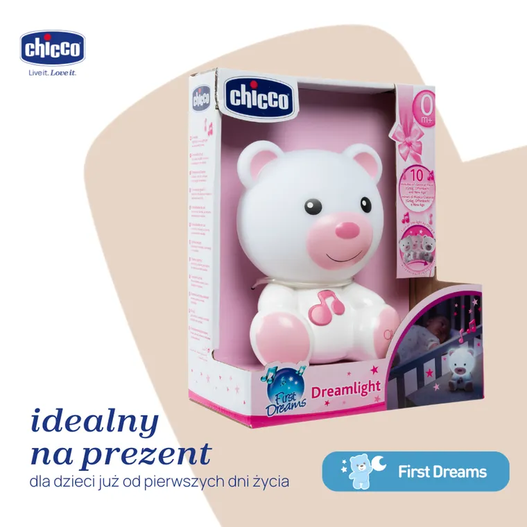 Chicco, First Dreams, lampka nocna Miś, różowa, uspokajacz z dźwiękami