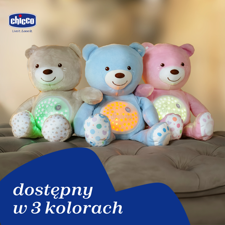Chicco, First Dreams, Miś z Projektorem, maskotka, uspokajacz z dźwiękami, muzyka klasyczna, różowy