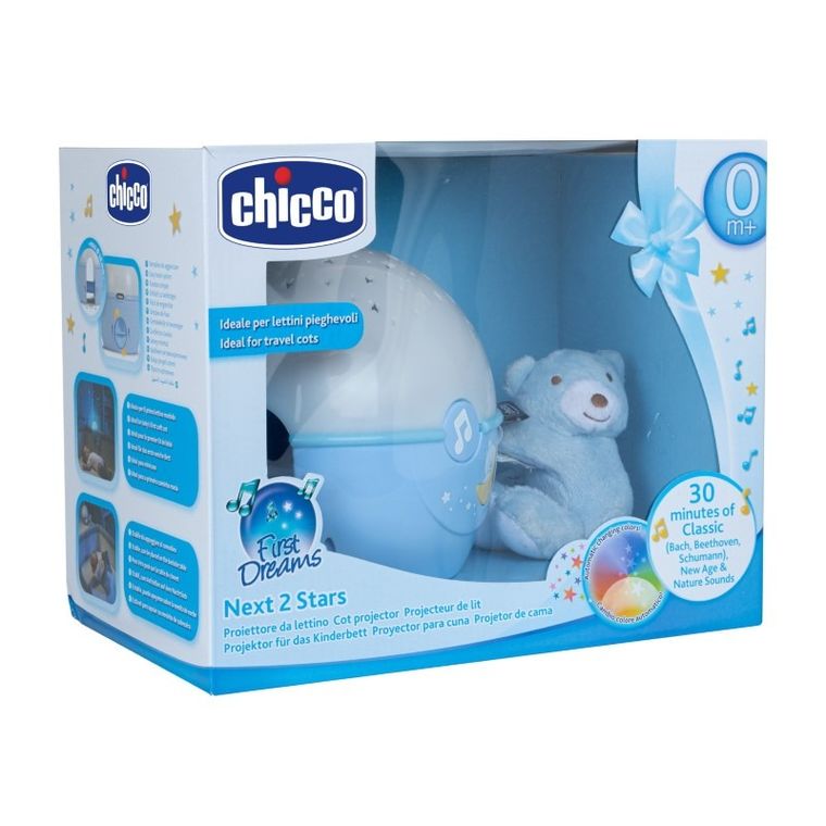 Chicco, First Dreams, Next2stars, projektor na łóżeczko z muzyką klasyczną, uspokajacz, czujnik płaczu, niebieski