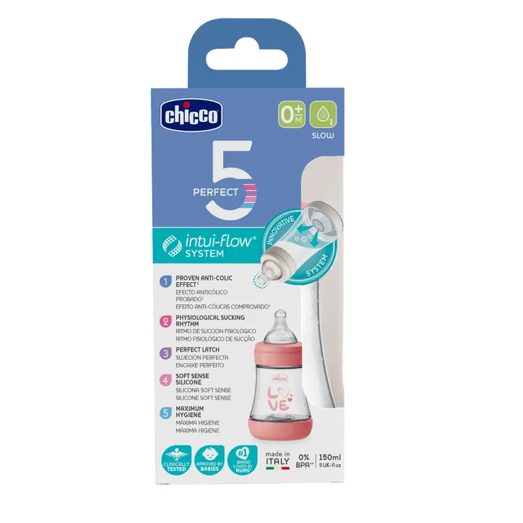 Chicco, Perfect5, butelka antykolkowa, pink, 0m+, 150 ml