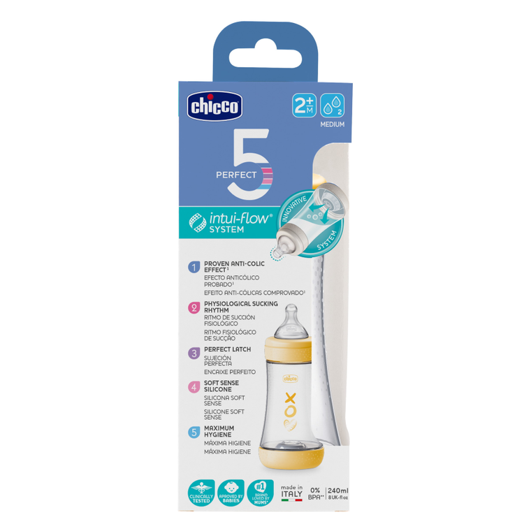 Chicco, Perfect5, butelka antykolkowa, yellow, 2m+, 240 ml