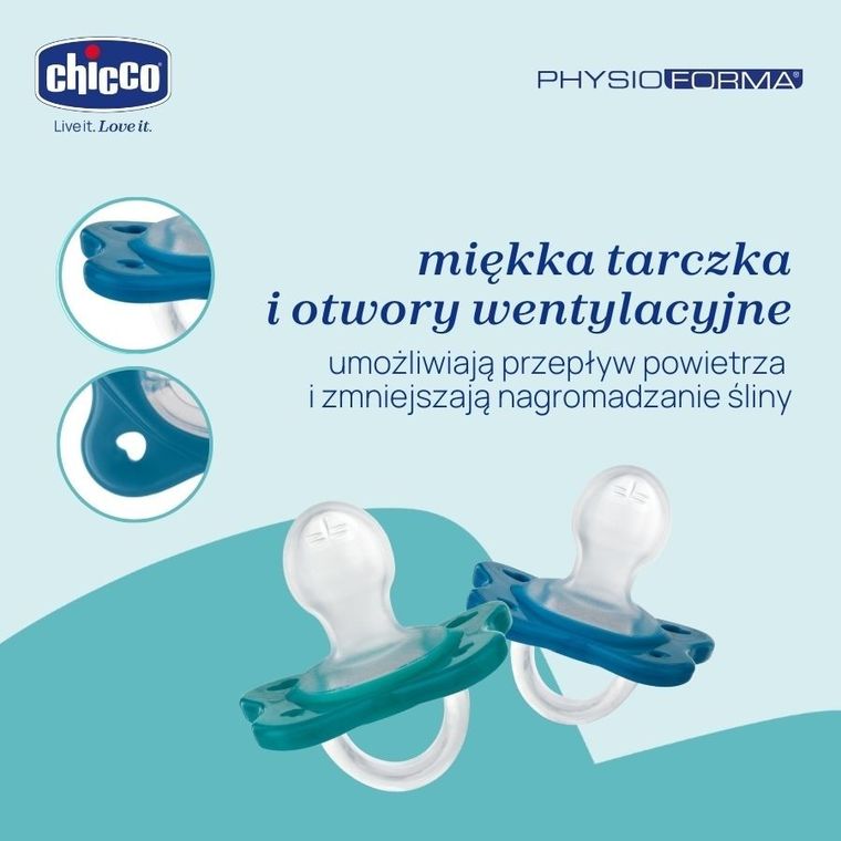Chicco, PhysioForma Dual Soft, smoczek uspokajający, silikonowy, niebieski, 16-36m, 2 szt.