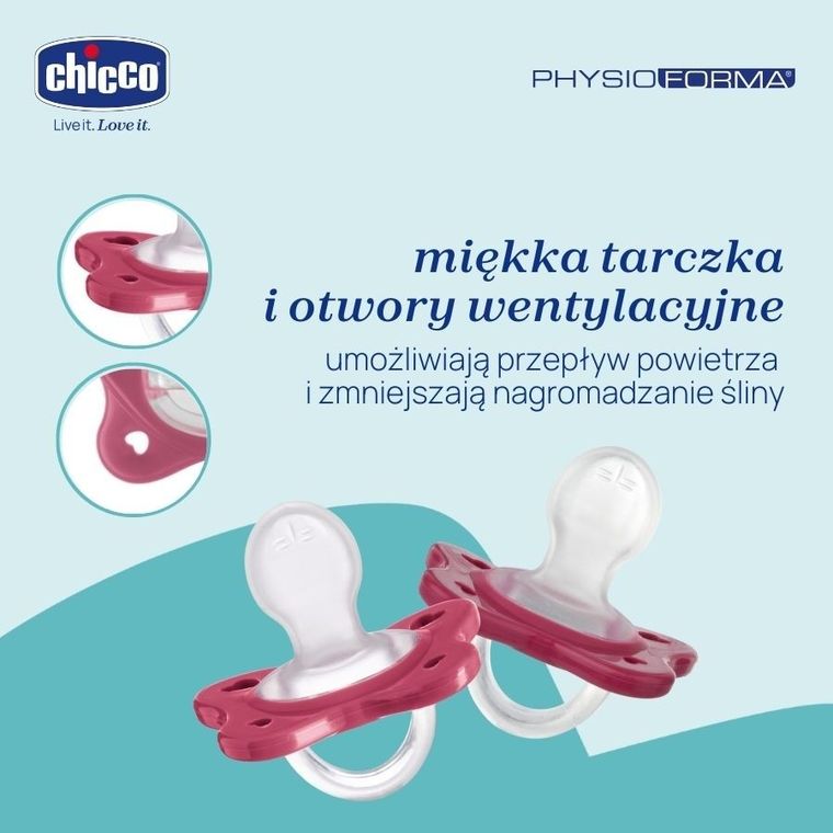 Chicco, PhysioForma Dual Soft, smoczek uspokajający, silikonowy, różowy, 16-36m, 2 szt.