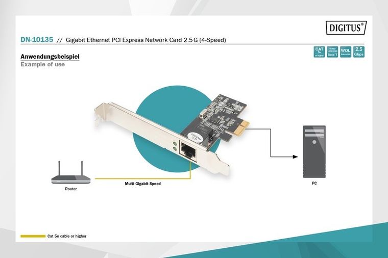 Digitus, karta sieciowa, przewodowa, PCI express, 1xRJ45 2.5 gb, ethernet, 2500mbps, DN-10135