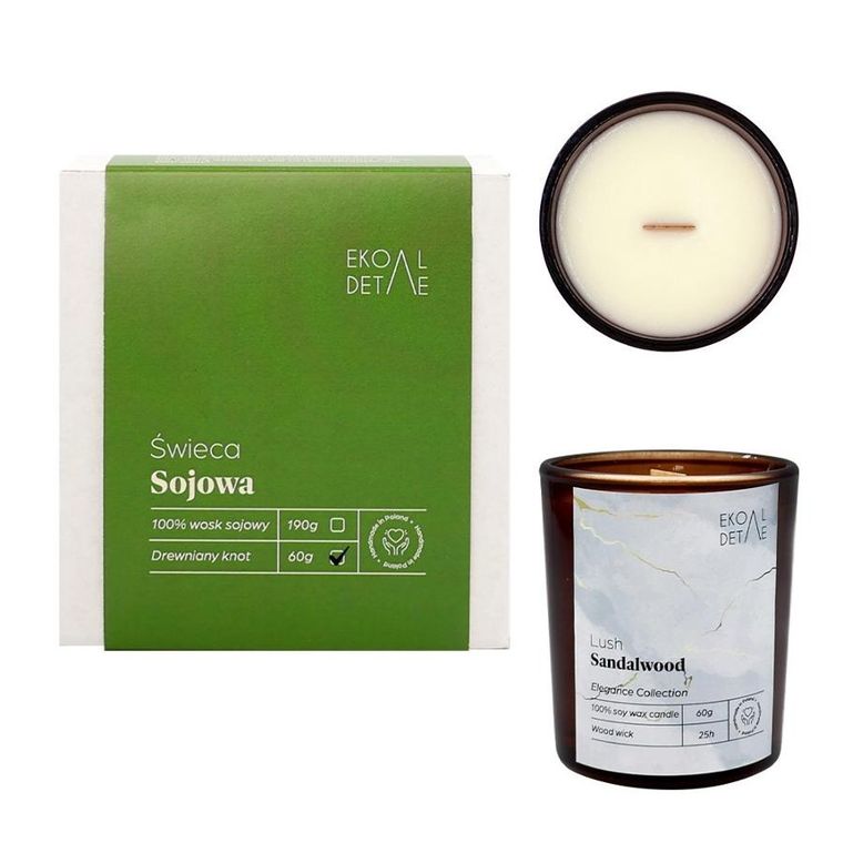 EkoDetale, Elegance, świeca sojowa w szkle, Lush Sandalwood, 60g