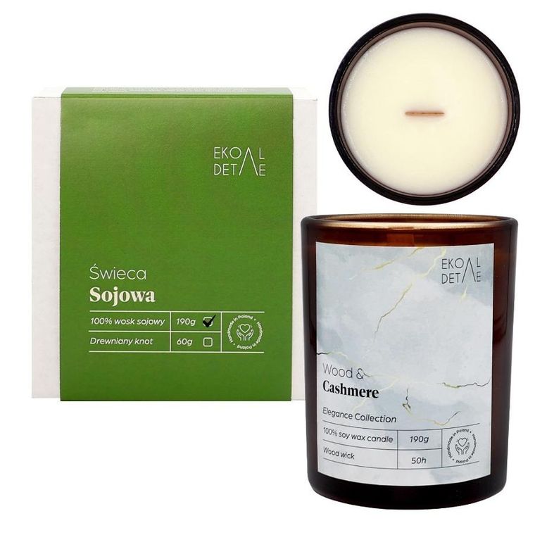 EkoDetale, Elegance, świeca sojowa w szkle, Wood & Cashmere, 190g