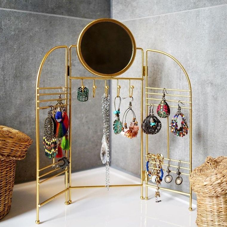Eleganza, wieszak na biżuterię z lusterkiem, metalowy, składany, złoty