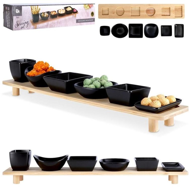 Excellent Houseware, miseczki na przekąski na tacy, ceramiczne czarne, 7 elementów