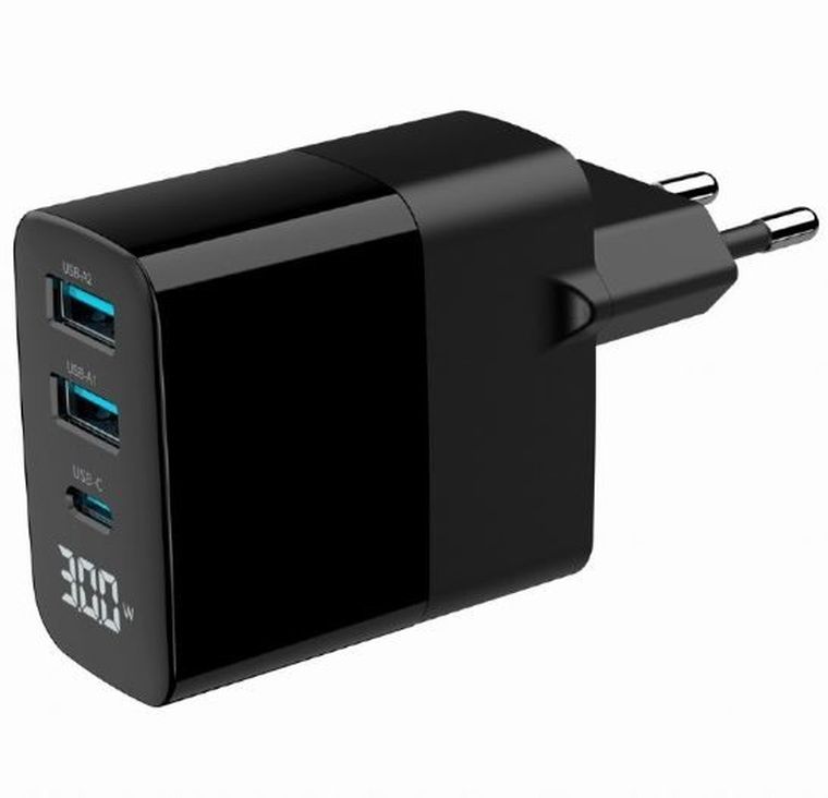 Gembird, szybka ładowarka sieciowa, 3-portowa, USB-A + USB TYP-C, 30W, LCD, czarna