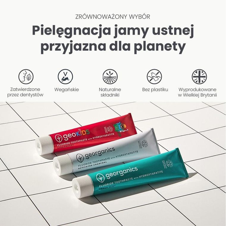 Georganics, GeoKIDS, naturalna pasta do zębów dla dzieci z hydroksyapatytem, na mocne szkliwo, strawberry, 75 ml