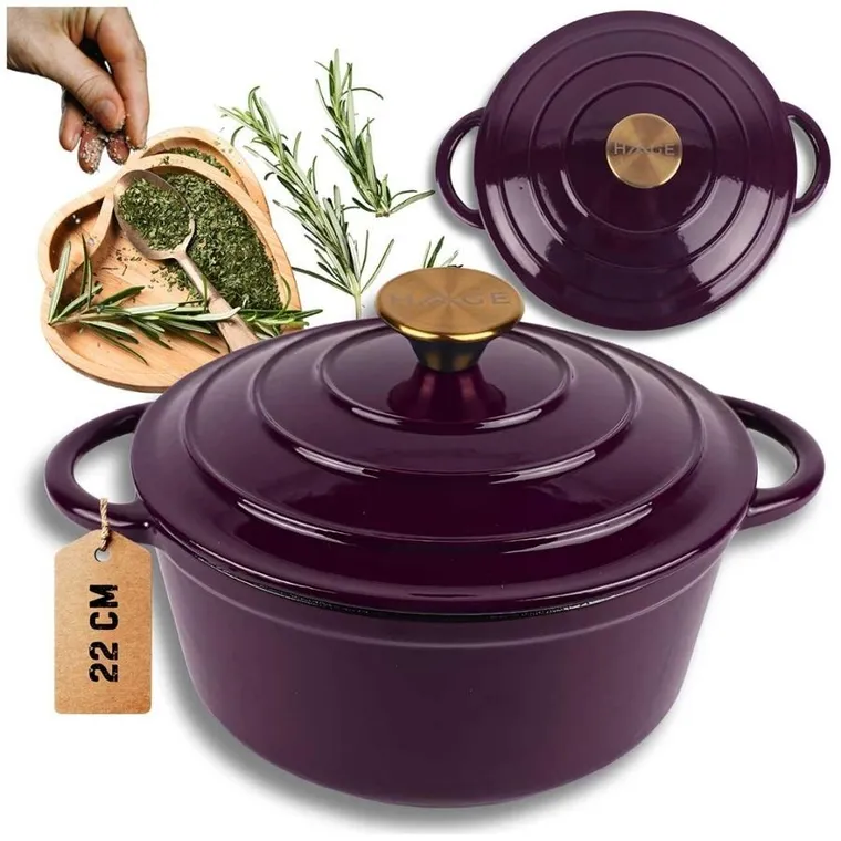 Hage, emaliowany garnek, żeliwny, eggplant, 22 cm, 3l