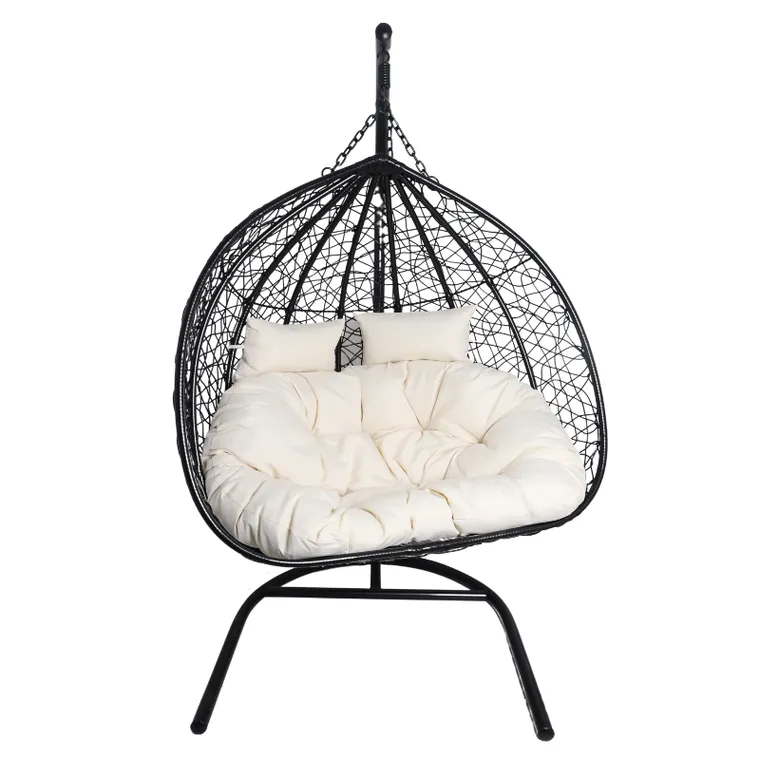 HaloFuture, fotel wiszący, dwuosobowy, kokon, czarny, beżowa poduszka