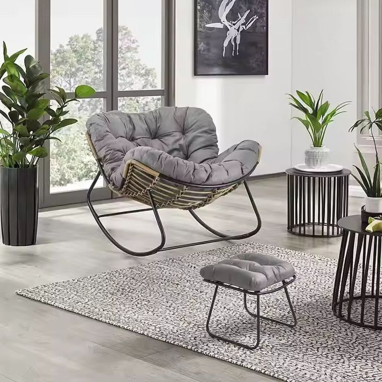 HaloFuture, nowoczesny fotel bujany z podnóżkiem, skandynawski kokon, szary