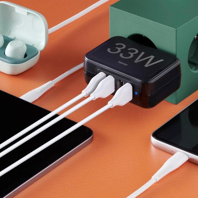 Hama, 33W, ładowarka sieciowa, 4xUSB‑A, czarna