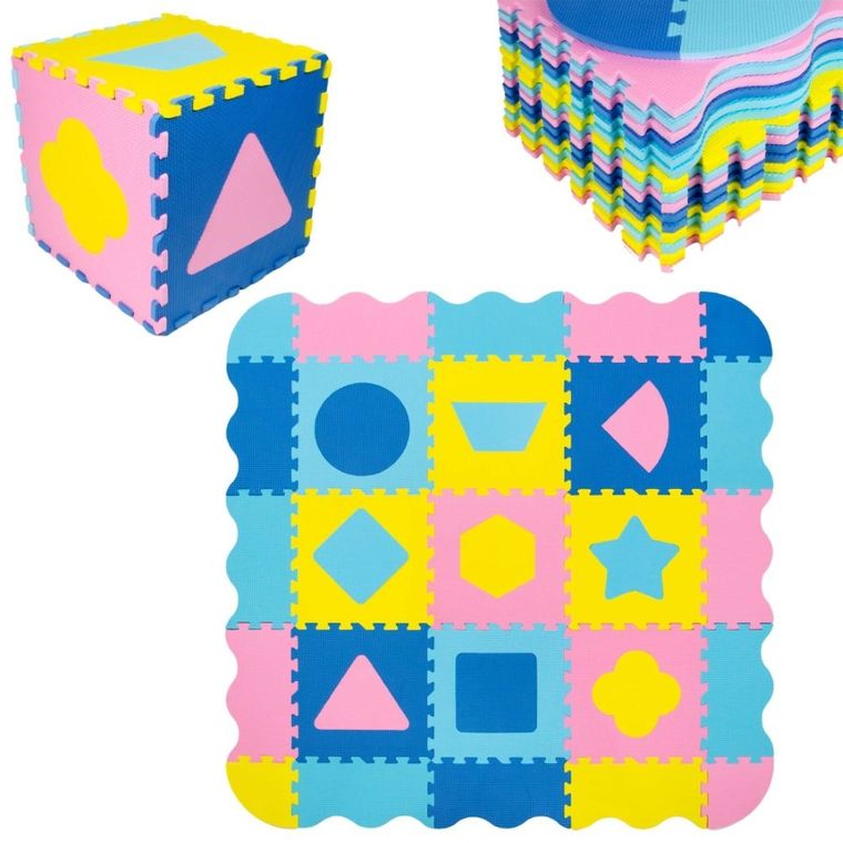 Humbi, mata piankowa, puzzle, kształty, żółty niebieski różowy, 120-120 cm