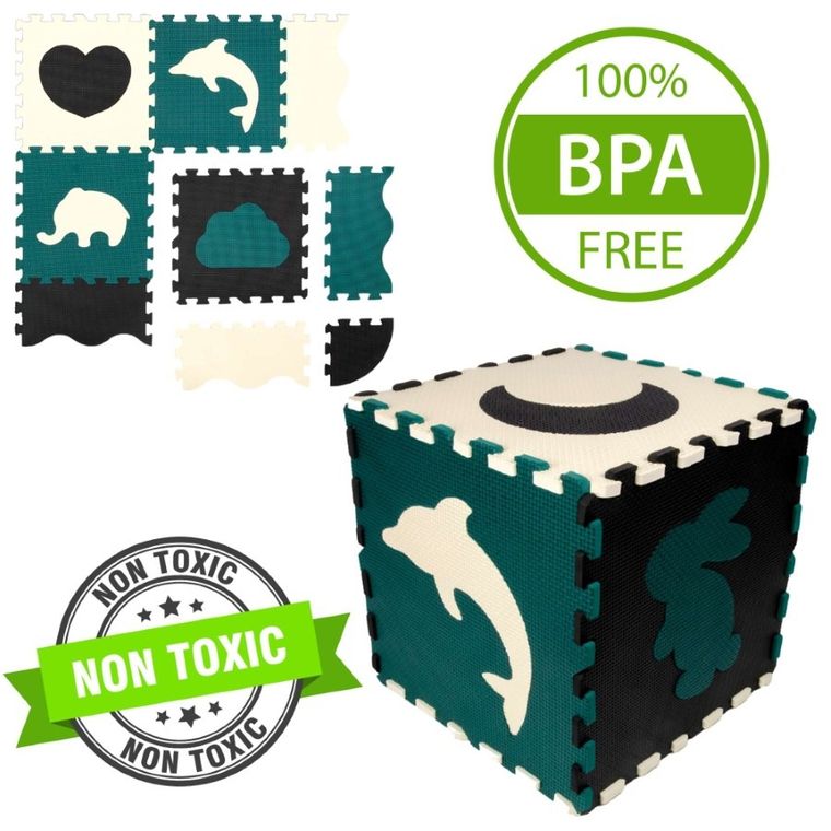 Humbi, mata piankowa, puzzle, kształty zoo, czarny kremowy ciemnozielony, 120-120 cm