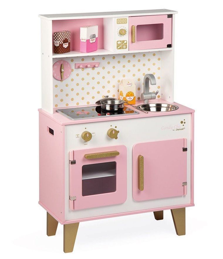 Janod, Candy Chic, kuchnia drewniana z dźwiękiem z 6 akcesoriami