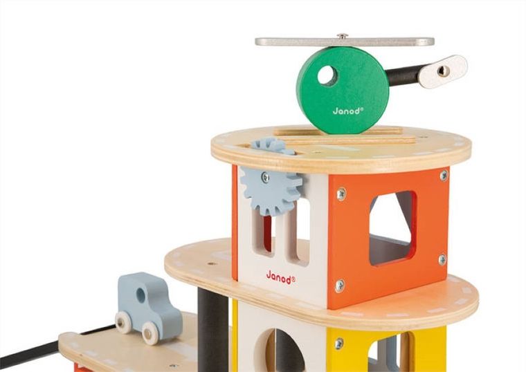 Janod, drewniany garaż piętrowy, zestaw z akcesoriami