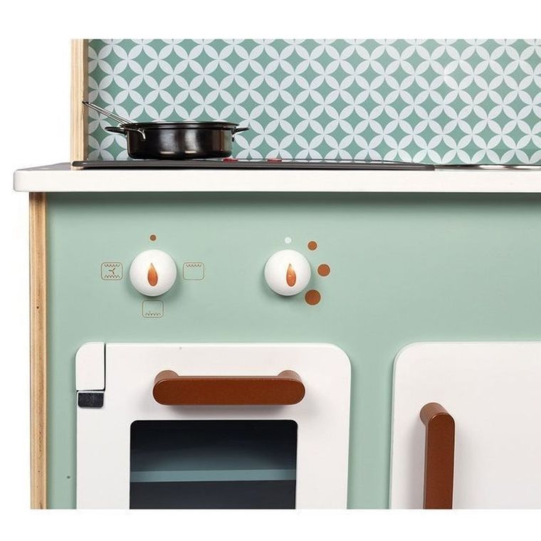 Janod, kuchnia z pralką, dwustronna, drewniana, 2w1, z dźwiękiem, światłem LED z 8 akcesoriami