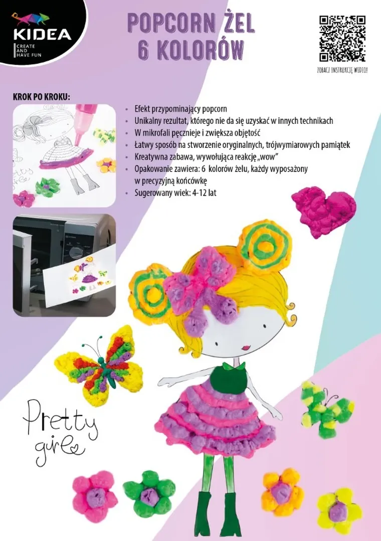 Kidea, Popcorn Żel, magiczna masa w pisakach, flamastry puchate, 6 kolorów