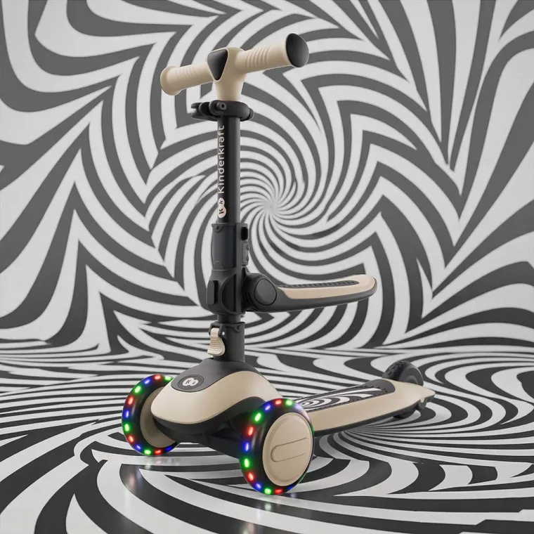 Kinderkraft, Halley 2, hulajnoga 3-kołowa, balansowa 2w1, LED, Stone White