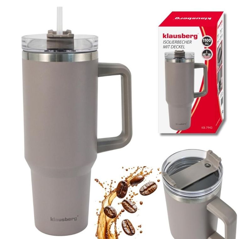 Klausberg, kubek termiczny, z rączką i słomką, stalowy, 1100 ml, kb-7943