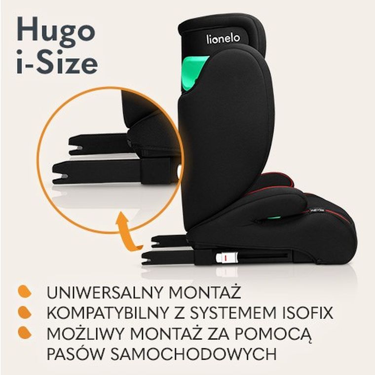 Lionelo, Hugo, I-size, fotelik samochodowy, Sporty Black Red, 100-150 cm