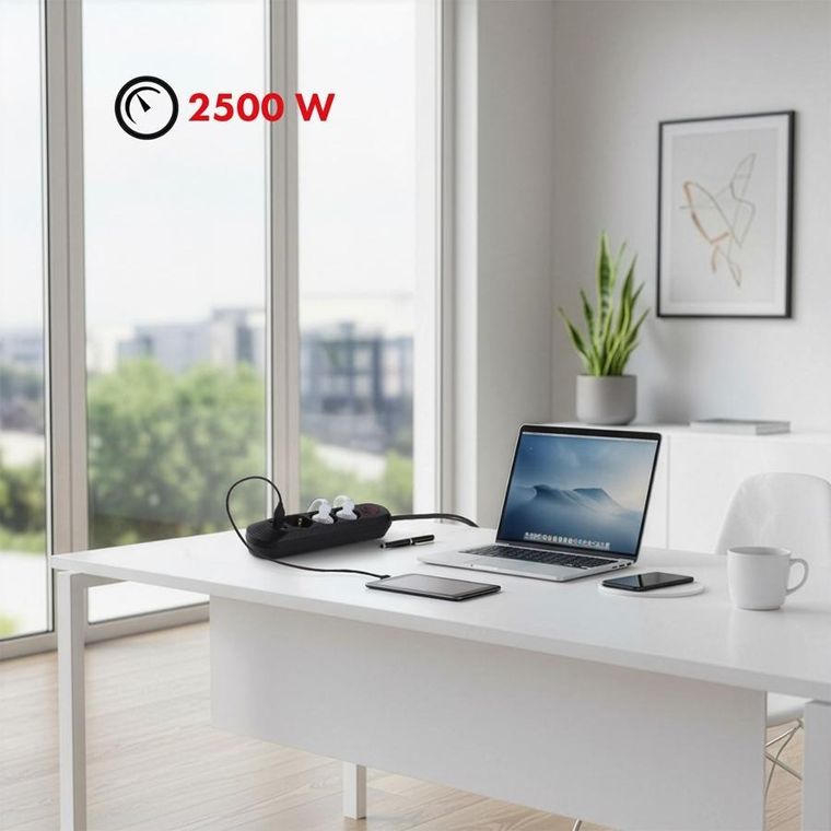 Maclean, listwa zasilająca, 3 gniazda, 3xUSB, 110-240V AC, 50/60HZ, 2.1A MAX 2500W, czarna, 1,5m