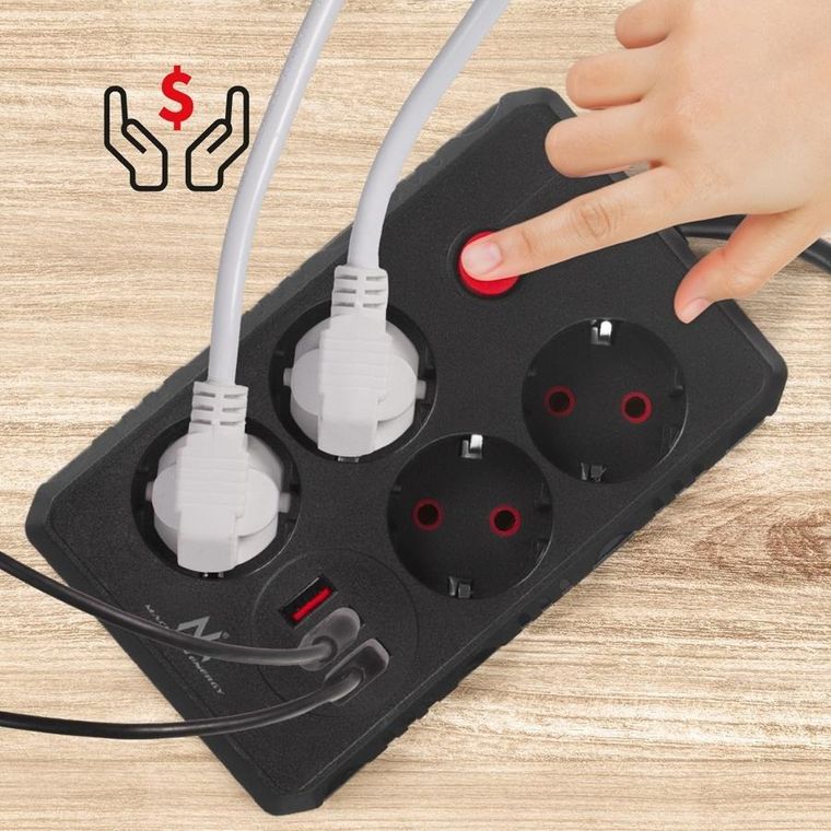 Maclean, listwa zasilająca, 4 gniazda + 3XUSB, 110-240V, AC 50/60HZ, 2.1A, MAX 2500W, 1,5M, czarna, MCE392 B