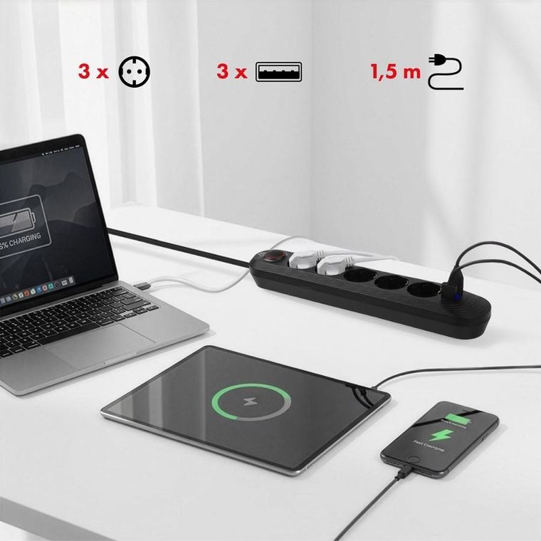 Maclean, listwa zasilająca, 5 gniazd + 3xUSB, czarna, 110-240V, AC 50/60HZ, 2.1A, MAX 2500W, 1,5m